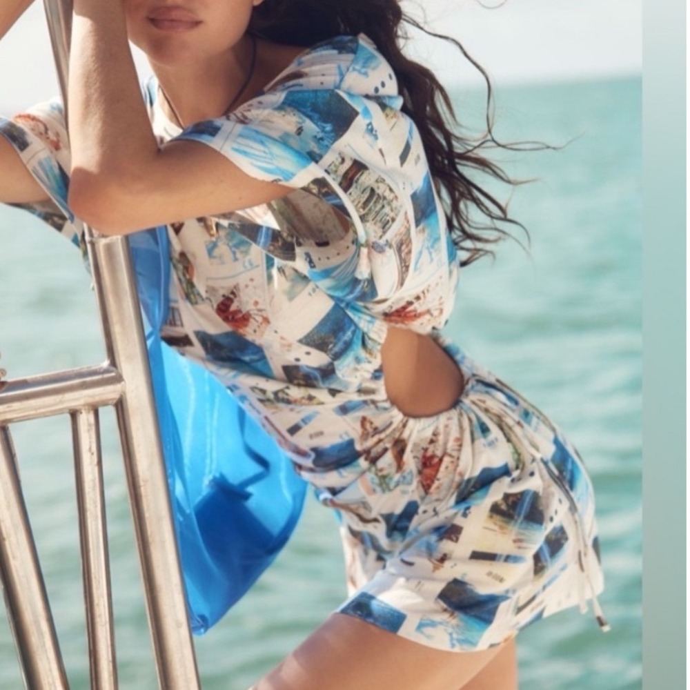 Anthropologie Daily Practice Postcard Print Cutout Mini Dress Blue White Large
